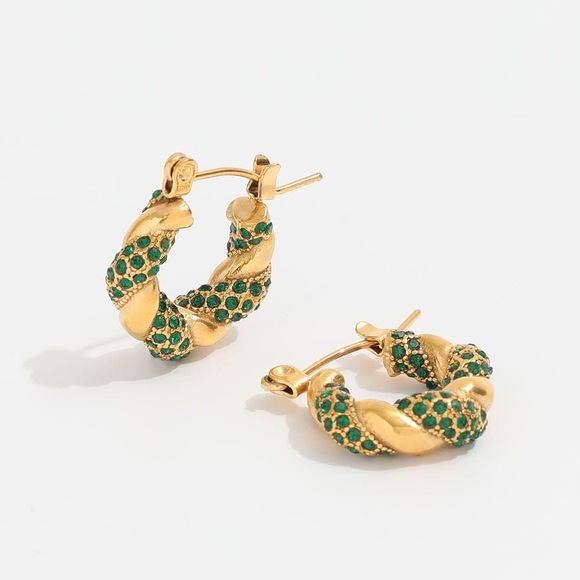 NEW💎24K Gold Twisted Hoop Earrings*Gold Hoops*Green Zircon Earrings* - Picture 5 of 5